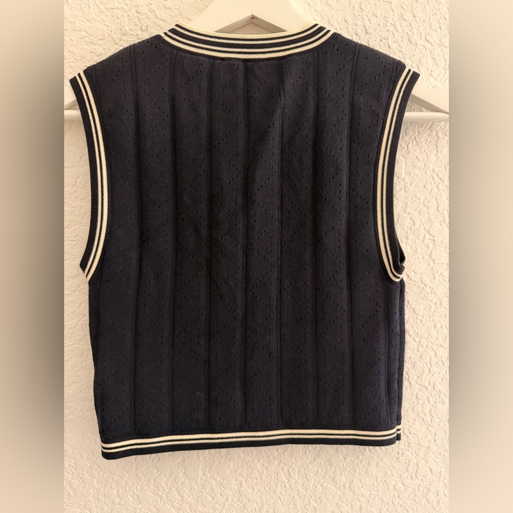Sandro Navy Knit Sweater Vest Top | Striped Trim Designer Blouse Layering Piece - Picture 3 of 7